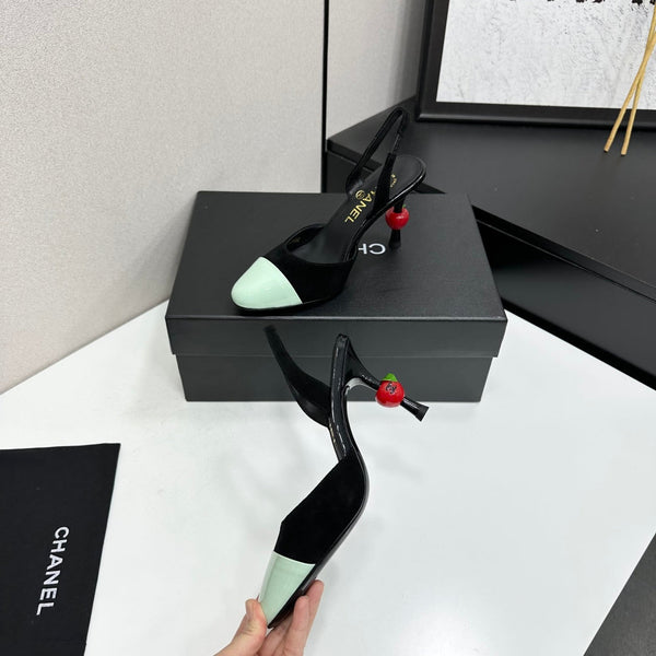 CC Métiers d'Art Apple Heel Slingback Pumps Black Mint Green Suede Leather 944647