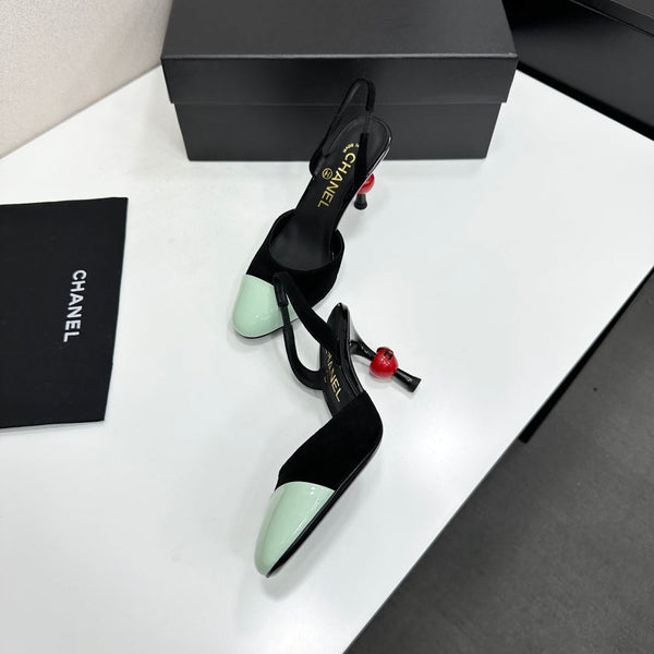 CC Métiers d'Art Apple Heel Slingback Pumps Black Mint Green Suede Leather 944647
