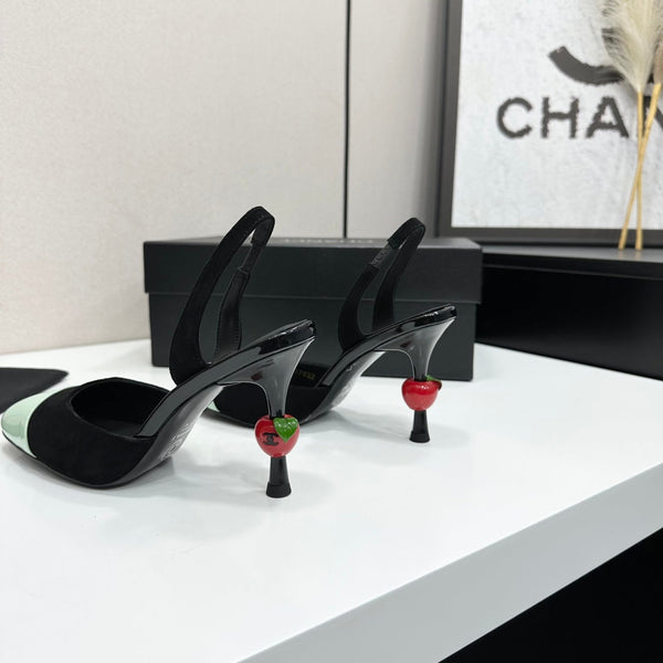 CC Métiers d'Art Apple Heel Slingback Pumps Black Mint Green Suede Leather 944647