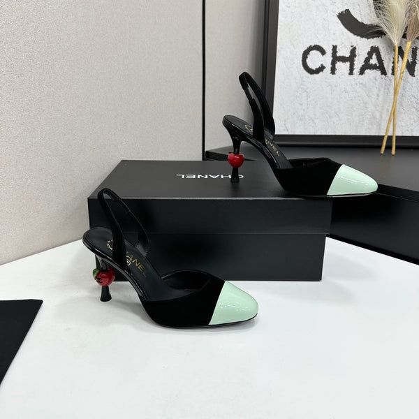 CC Métiers d'Art Apple Heel Slingback Pumps Black Mint Green Suede Leather 944647