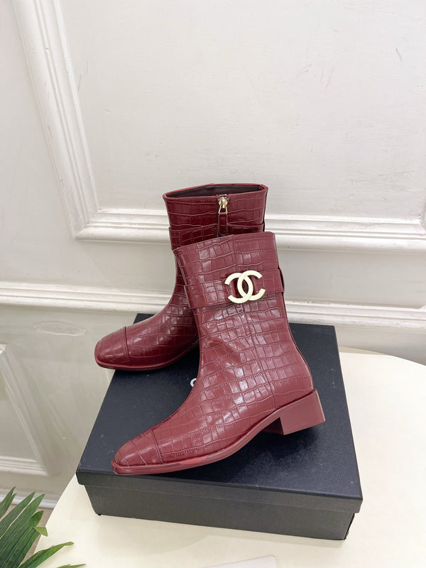 CC Double C Ankle Boots 3.5CM Burgundy Croc-Embossed Leather 946903