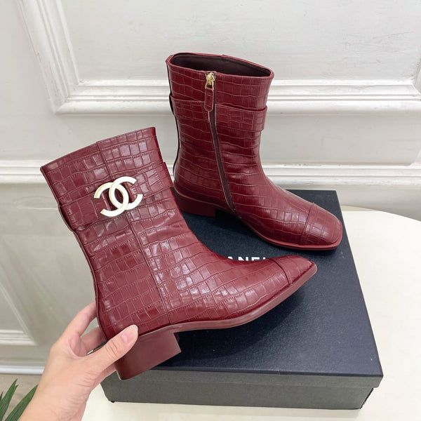 CC Double C Ankle Boots 3.5CM Burgundy Croc-Embossed Leather 946903