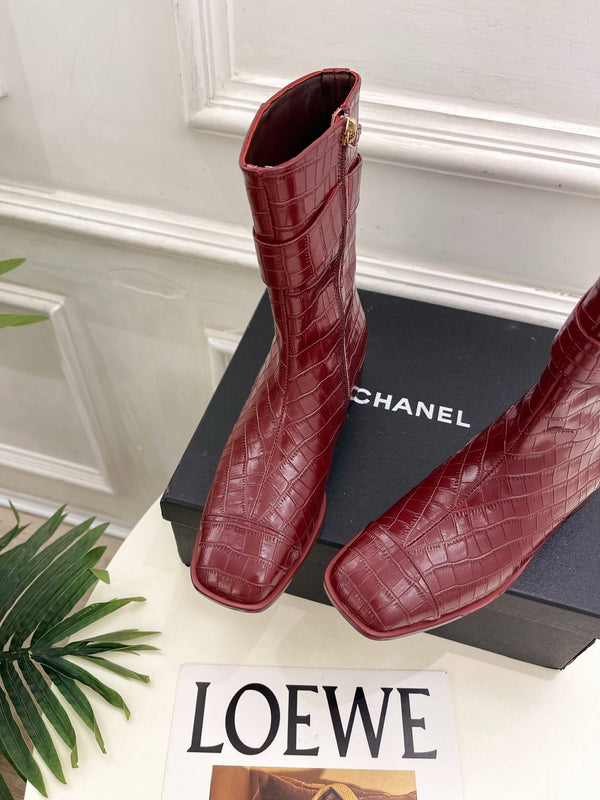 CC Double C Ankle Boots 3.5CM Burgundy Croc-Embossed Leather 946903