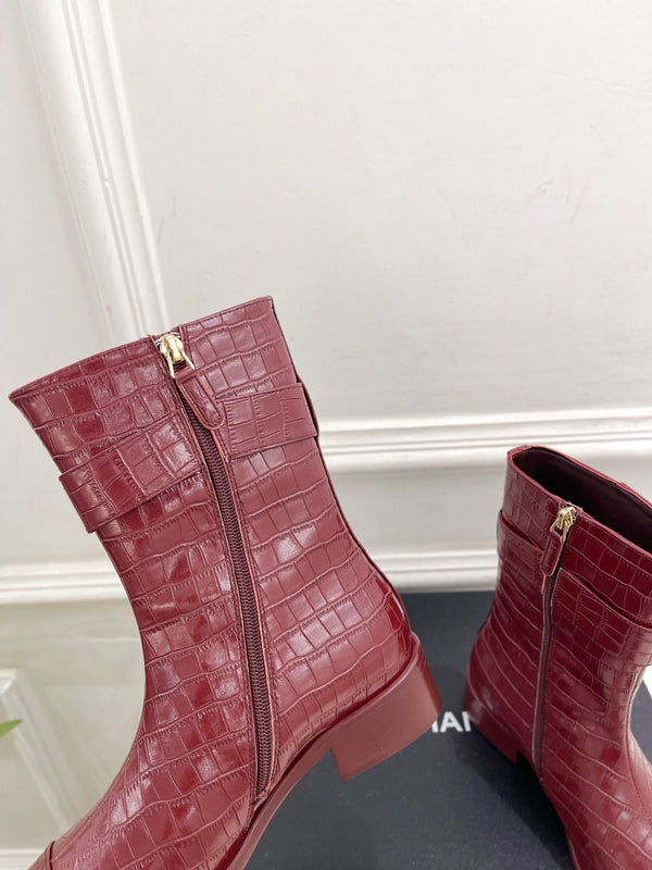 CC Double C Ankle Boots 3.5CM Burgundy Croc-Embossed Leather 946903