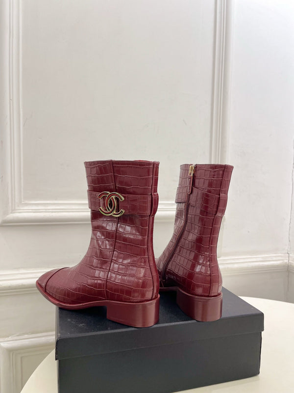 CC Double C Ankle Boots 3.5CM Burgundy Croc-Embossed Leather 946903