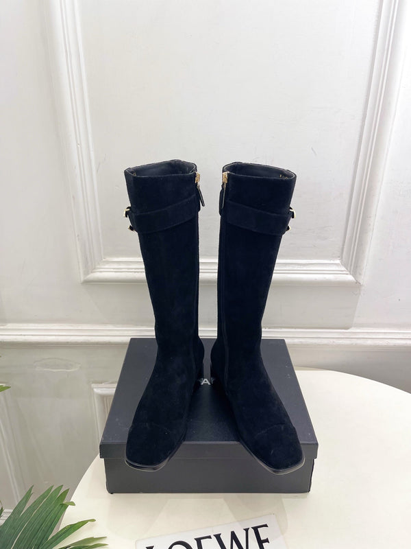 CC Double C Knee-High Boots 3.5CM Black Suede Leather 946898