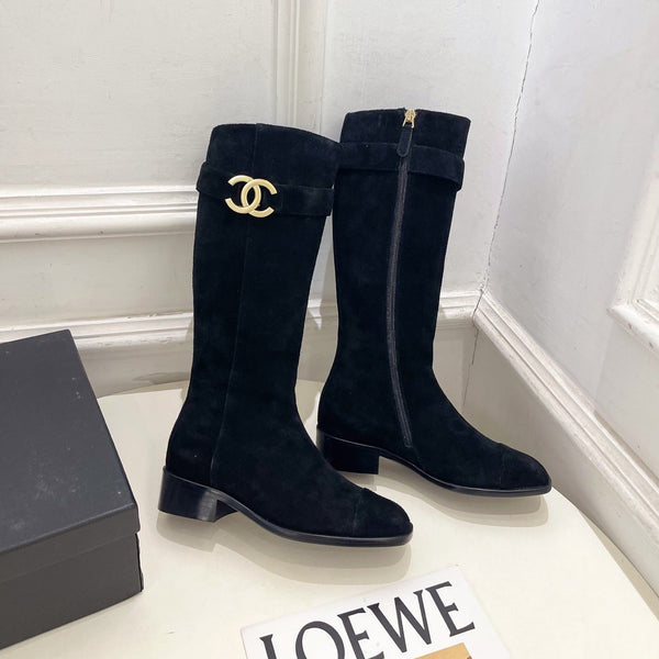 CC Double C Knee-High Boots 3.5CM Black Suede Leather 946898