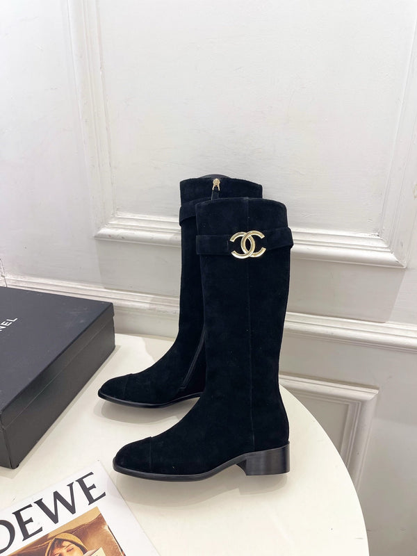 CC Double C Knee-High Boots 3.5CM Black Suede Leather 946898