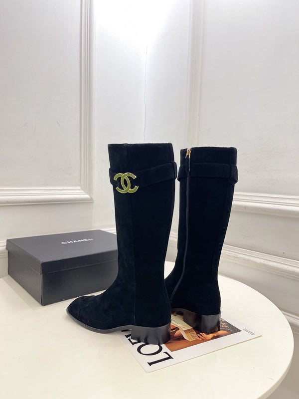 CC Double C Knee-High Boots 3.5CM Black Suede Leather 946898