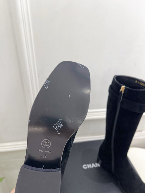 CC Double C Knee-High Boots 3.5CM Black Suede Leather 946898
