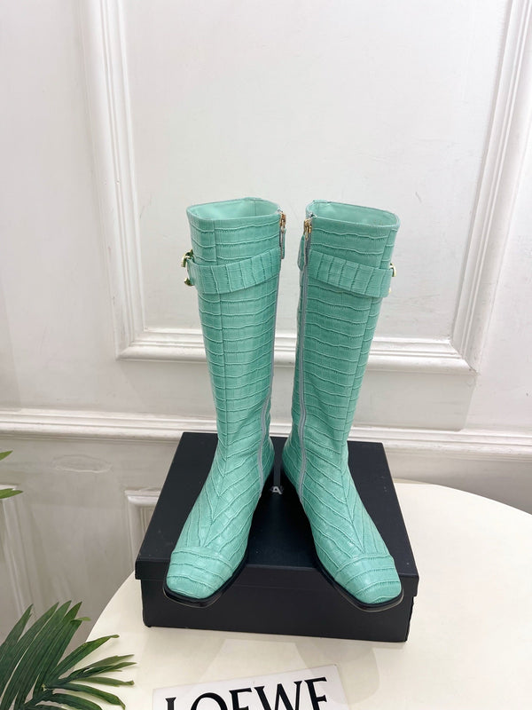 CC Double C Knee-High Boots 3.5CM Mint Green Croc-Embossed Leather 946897