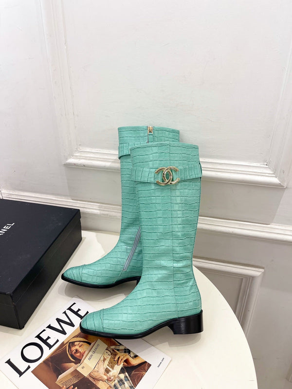 CC Double C Knee-High Boots 3.5CM Mint Green Croc-Embossed Leather 946897