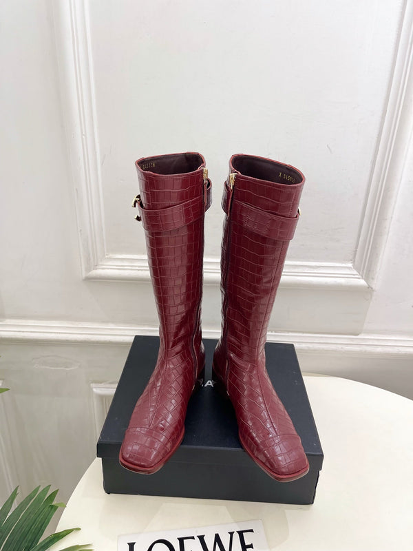 CC Double C Knee-High Boots 3.5CM Burgundy Croc-Embossed Leather 946896