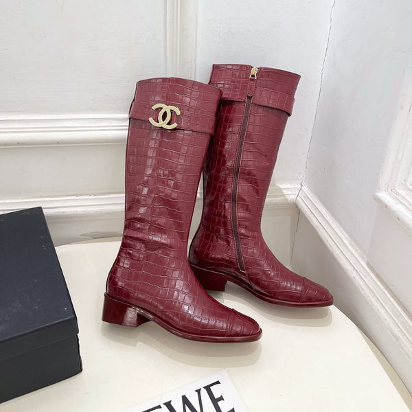 CC Double C Knee-High Boots 3.5CM Burgundy Croc-Embossed Leather 946896