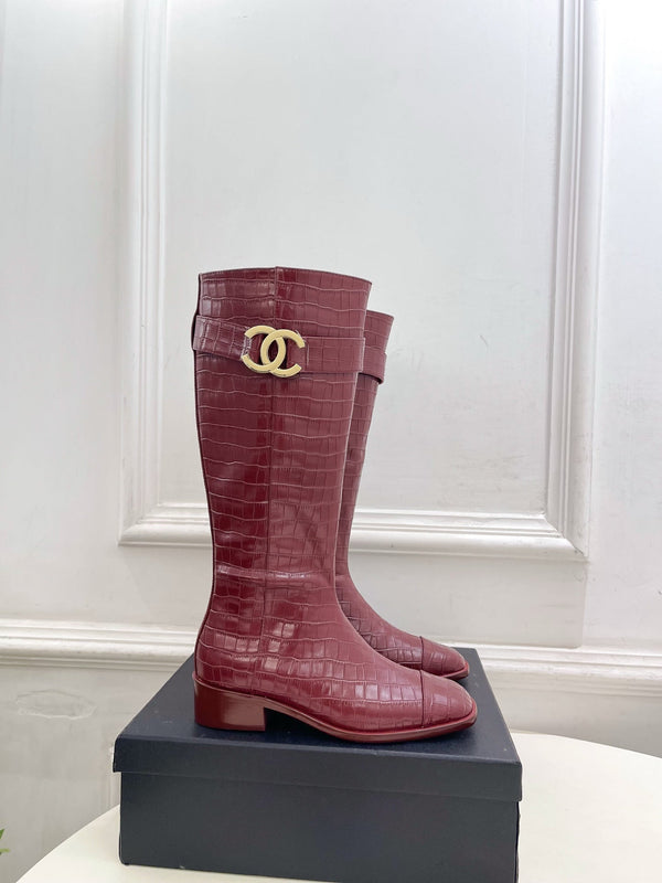 CC Double C Knee-High Boots 3.5CM Burgundy Croc-Embossed Leather 946896