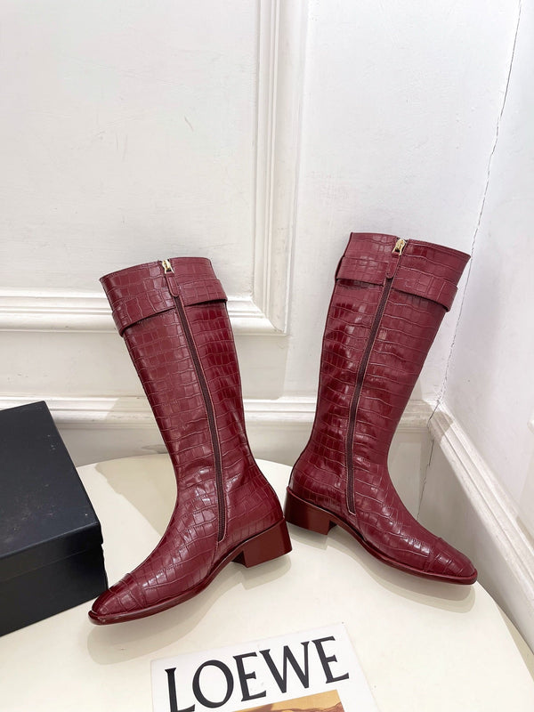 CC Double C Knee-High Boots 3.5CM Burgundy Croc-Embossed Leather 946896