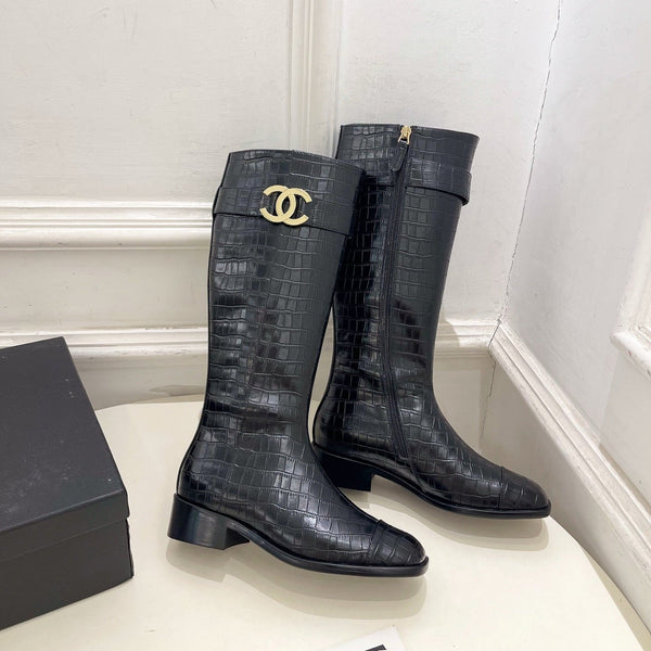 CC Double C Knee-High Boots 3.5CM Black Croc-Embossed Leather 946895