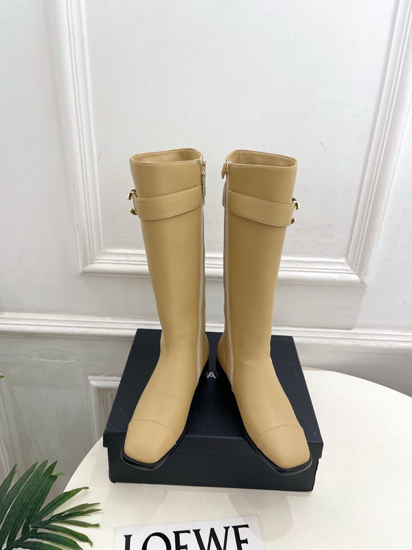 CC Double C Knee-High Boots 3.5CM Beige Leather 946894