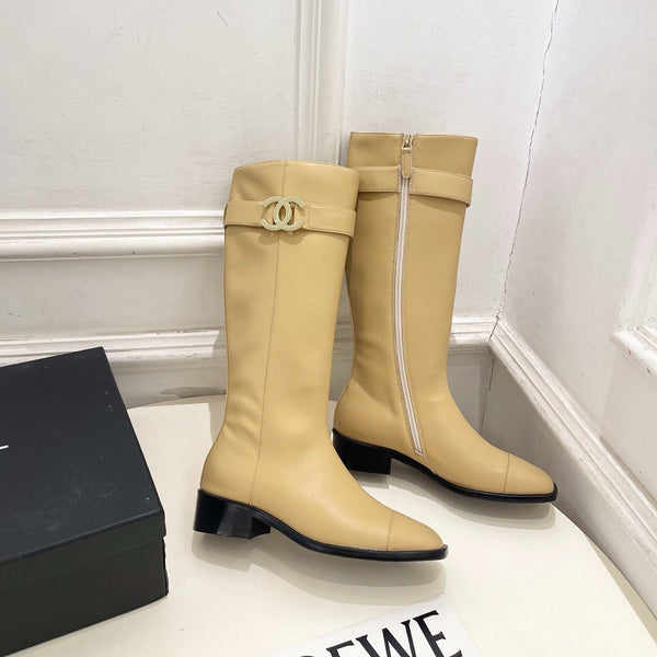 CC Double C Knee-High Boots 3.5CM Beige Leather 946894