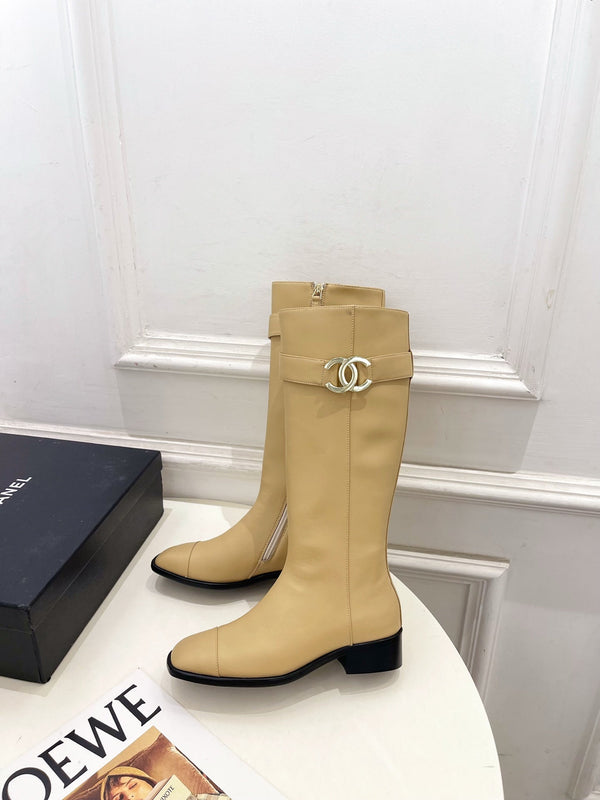 CC Double C Knee-High Boots 3.5CM Beige Leather 946894