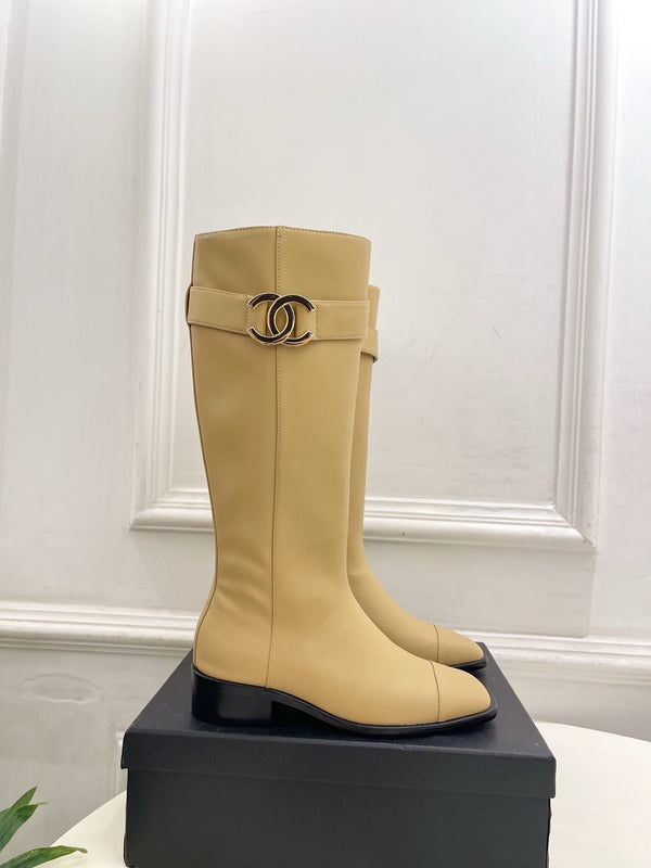 CC Double C Knee-High Boots 3.5CM Beige Leather 946894