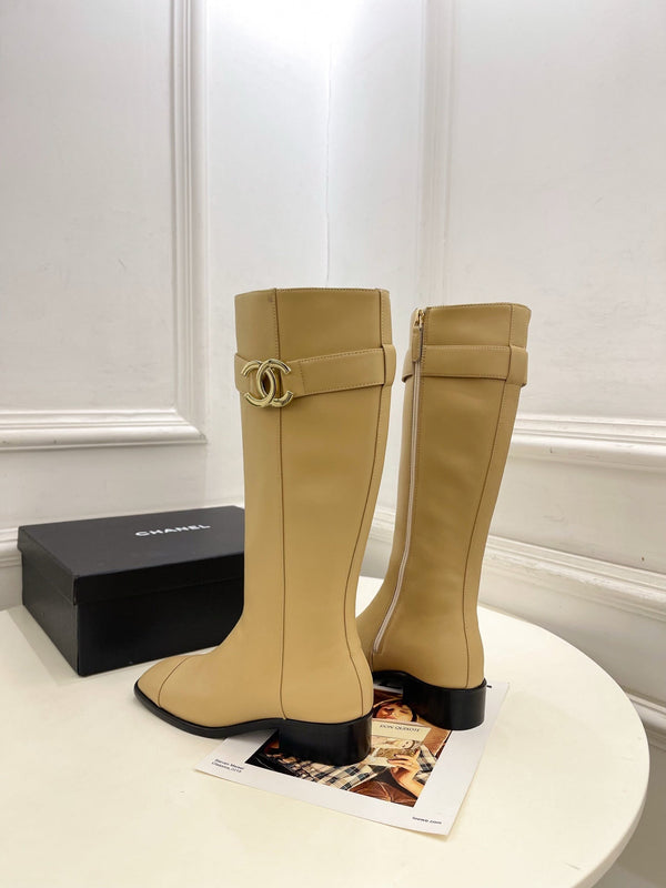 CC Double C Knee-High Boots 3.5CM Beige Leather 946894