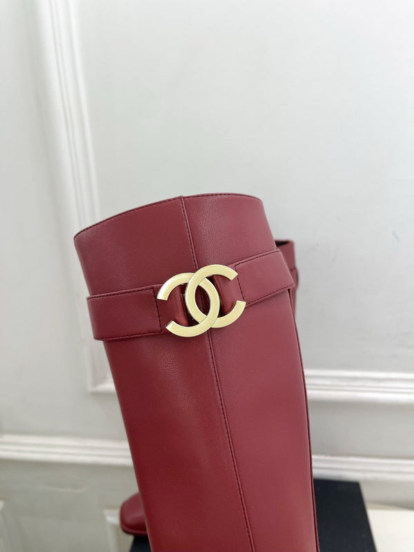 CC Double C Knee-High Boots 3.5CM Burgundy Leather 946893