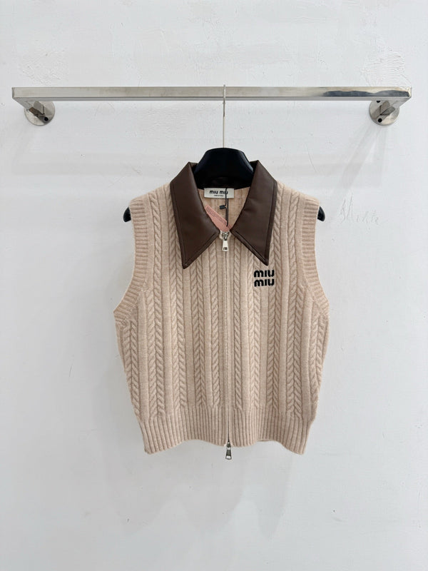 Miu Cable-Knit Zip-Up Sweater Vest Leather Collar Wool 801967