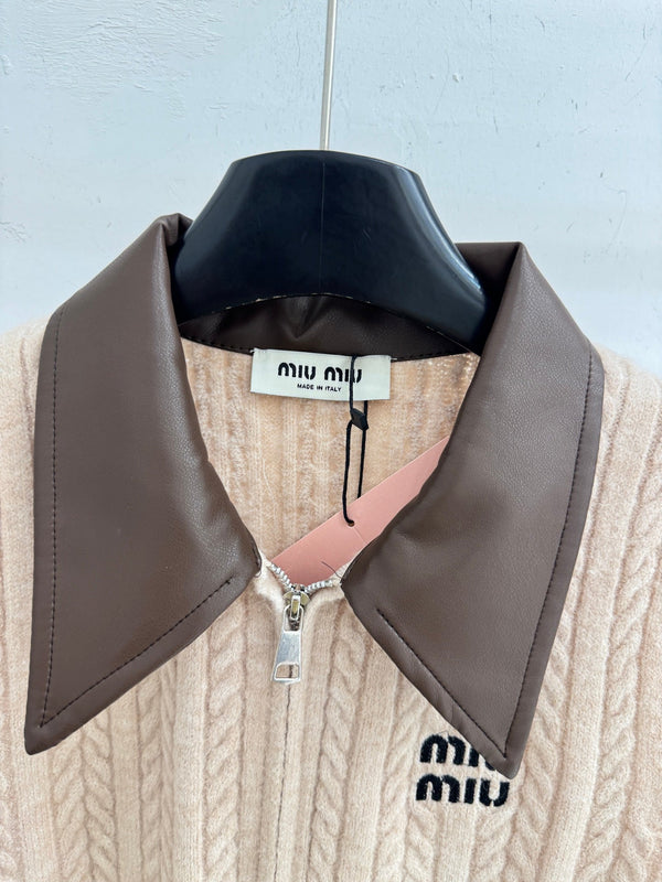 Miu Cable-Knit Zip-Up Sweater Vest Leather Collar Wool 801967