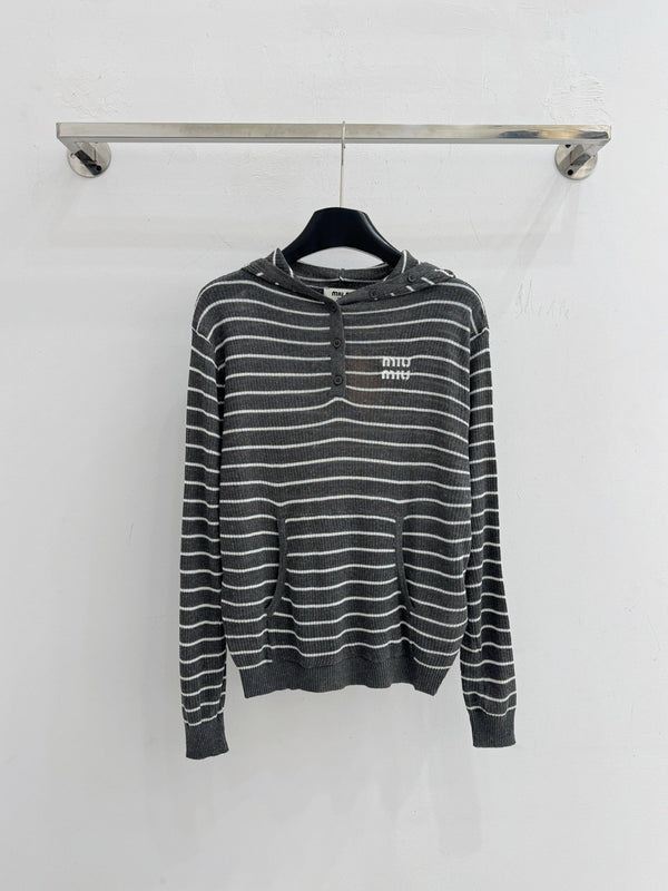 Miu Striped Logo Hoodie Cotton 801952