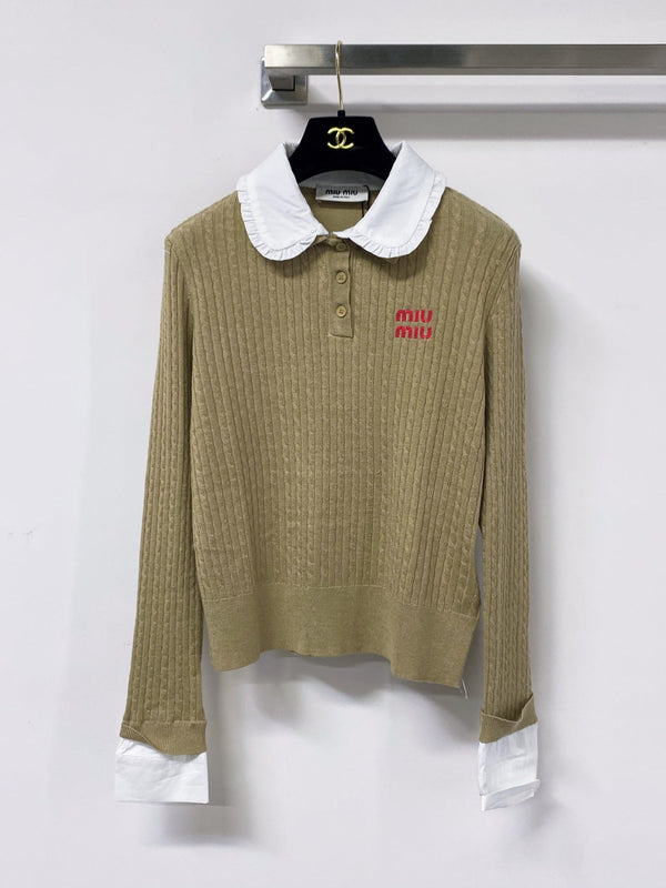 Miu Embroidered Logo Polo Sweater Poplin Collar Tencel 799799