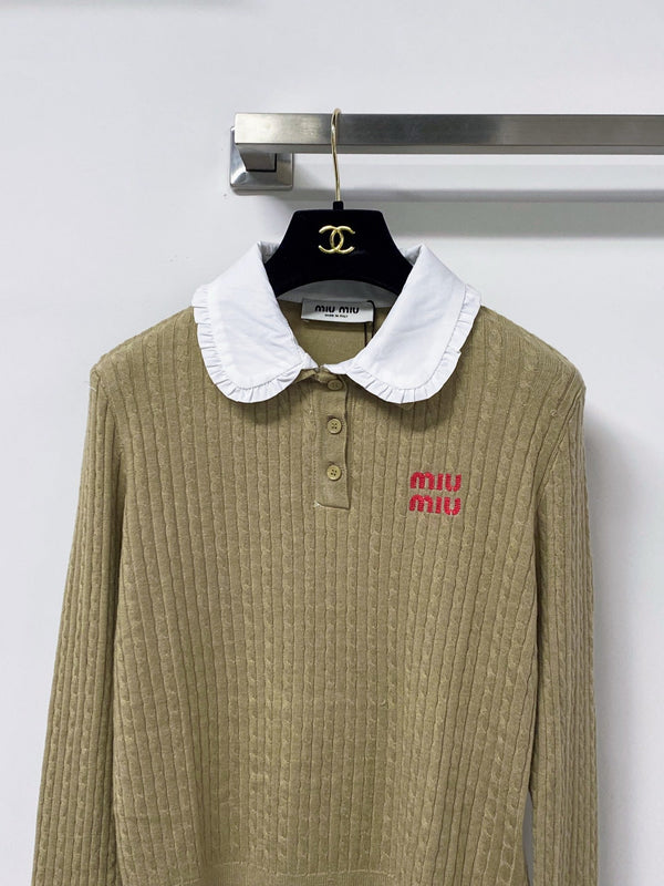 Miu Embroidered Logo Polo Sweater Poplin Collar Tencel 799799