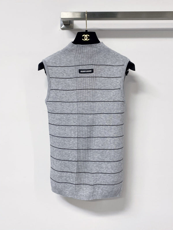 Miu Striped Knitted Sleeveless Top Logo Patch Wool 799790