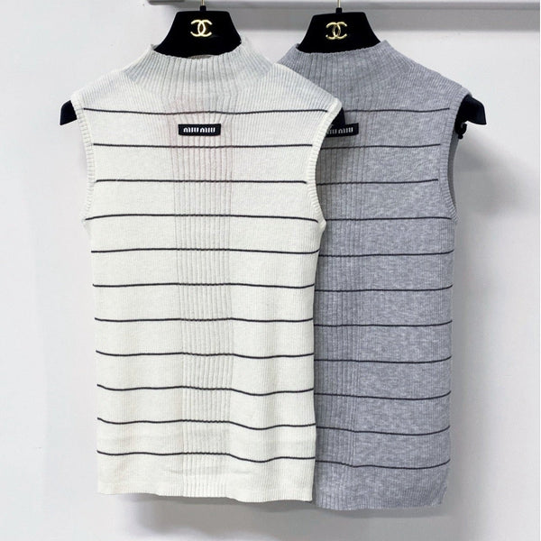 Miu Striped Knitted Sleeveless Top Logo Patch Wool 799790