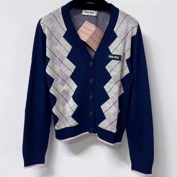 Miu Argyle Cardigan Blue Navy Wool 799747