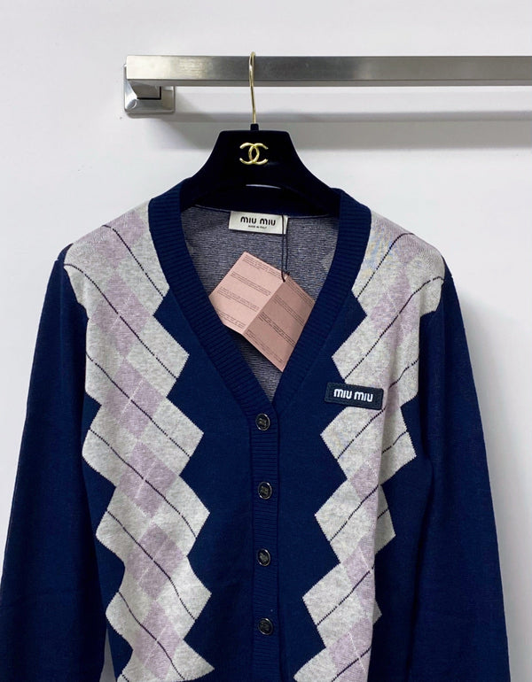 Miu Argyle Cardigan Blue Navy Wool 799747
