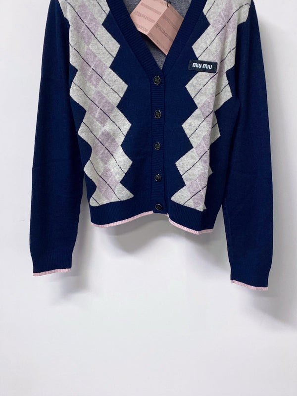 Miu Argyle Cardigan Blue Navy Wool 799747