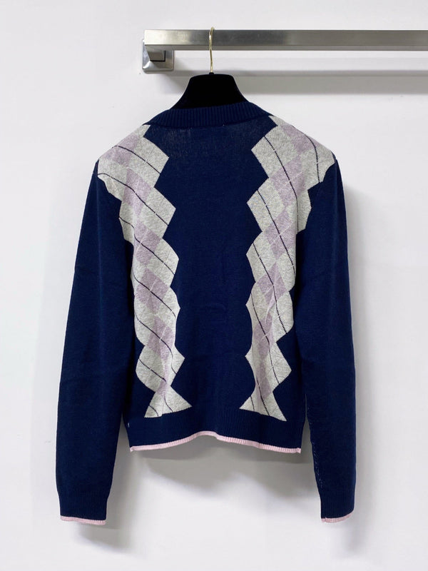 Miu Argyle Cardigan Blue Navy Wool 799747