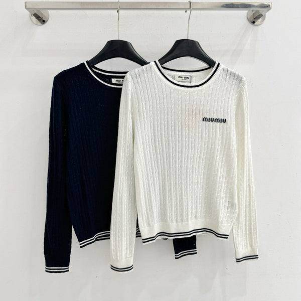 Miu Contrast Stripe Cable-Knit Sweater Wool 794394