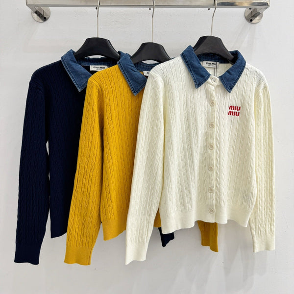Miu Cable-Knit Cardigan Denim Collar White Wool 794380