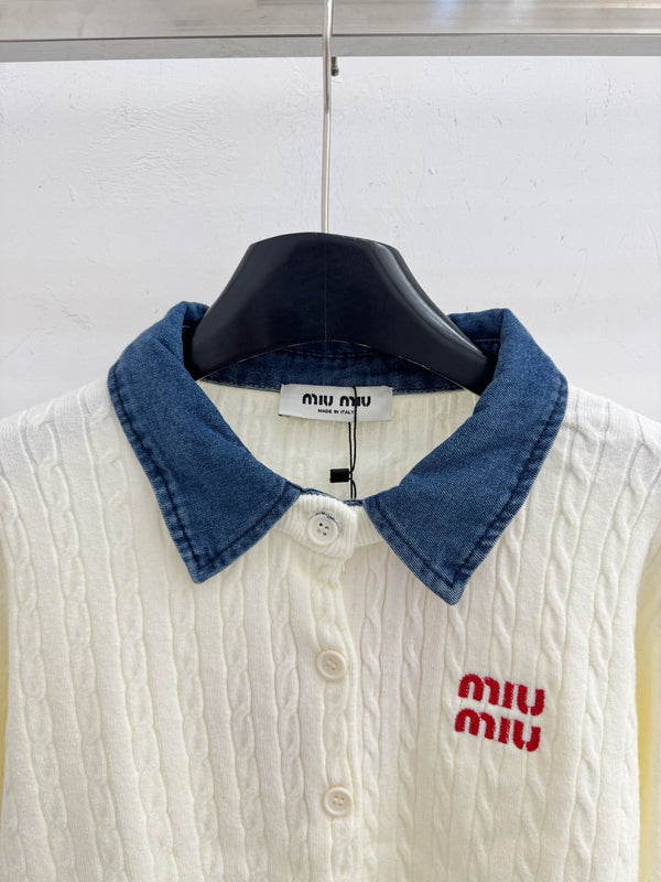 Miu Cable-Knit Cardigan Denim Collar White Wool 794380
