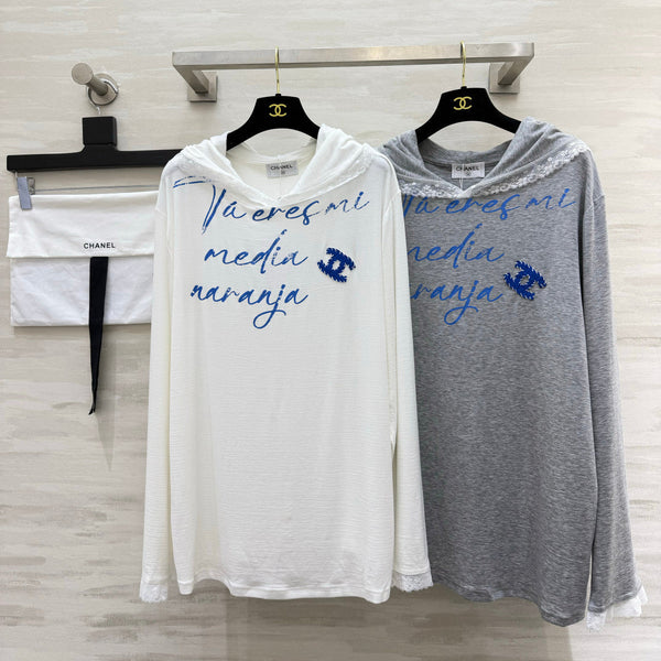 CC Hooded Lace Trim Shirt Blue Script Lettering 416094