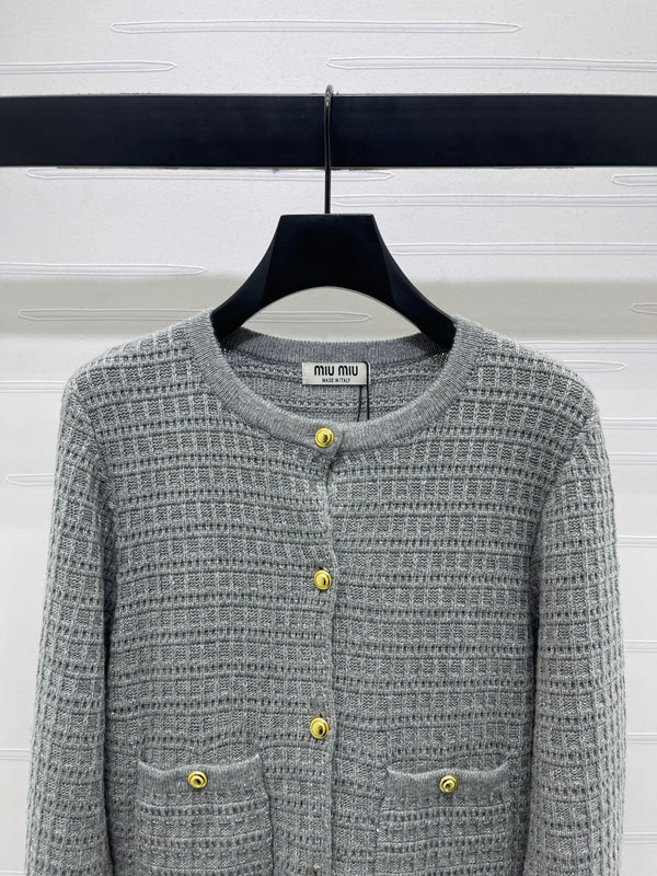Miu Waffle-Knit Cardigan Gold Buttons Beige Wool 415898