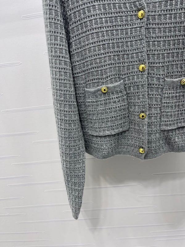 Miu Waffle-Knit Cardigan Gold Buttons Beige Wool 415898