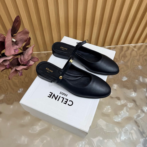 CE Macaron Triomphe Button Mules Ultra Black Leather 949378