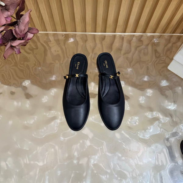 CE Macaron Triomphe Button Mules Ultra Black Leather 949378