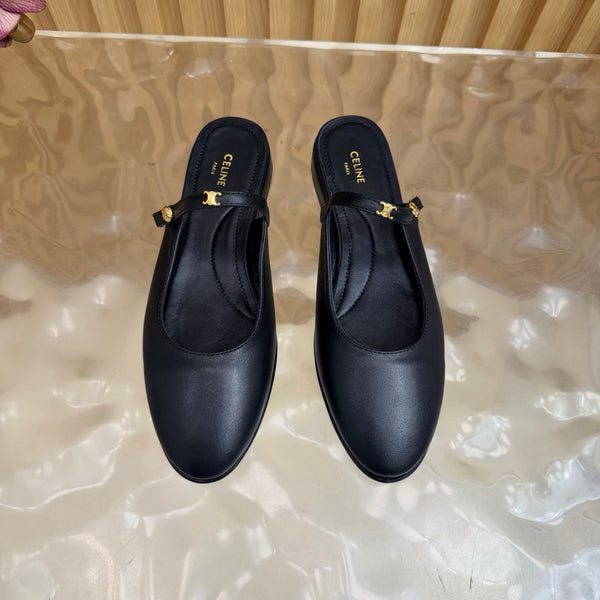 CE Macaron Triomphe Button Mules Ultra Black Leather 949378