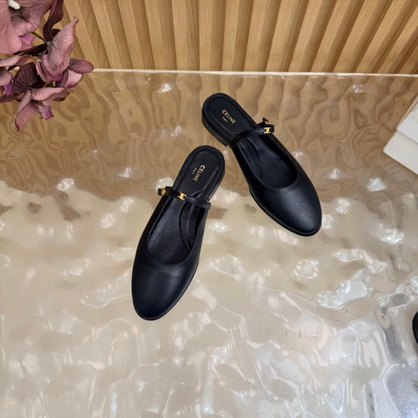 CE Macaron Triomphe Button Mules Ultra Black Leather 949378