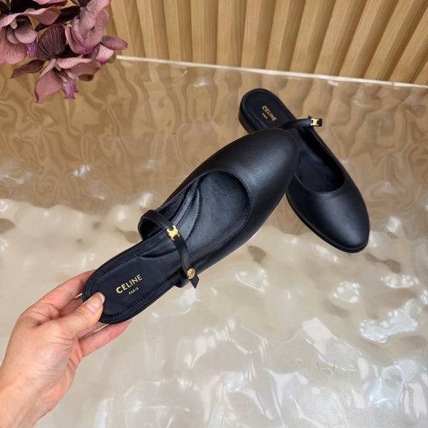 CE Macaron Triomphe Button Mules Ultra Black Leather 949378