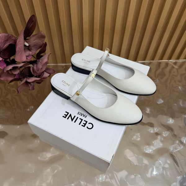 CE Macaron Triomphe Button Mules Ultra White Leather 949377
